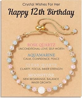 Moonstone Rose Quartz Aquamarine & Clear Quartz, Adjustable Bolo Chain, Birthday Blessing Card & Pouch for Teens Tweens HGDEER Her Milestone Birthday, Crystal Wishes Bracelet Gifts for Girls B0GR99N15M
