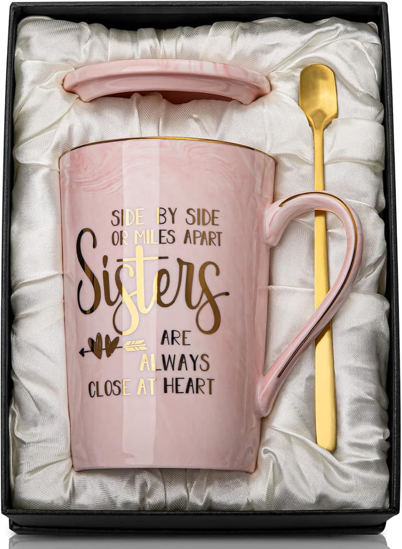 14oz Pink Marble Coffee Mug with Gold Print, Lid, Spoon, Greeting Card and Elegant Gift Box, Present for Big Sister Sister Birthday Gifts for Sister from Brother Sisters, 14oz Sisters Mug B0855VHN6G