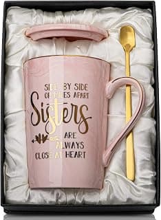 14oz Pink Marble Coffee Mug with Gold Print, Lid, Spoon, Greeting Card and Elegant Gift Box, Present for Big Sister Sister Birthday Gifts for Sister from Brother Sisters, 14oz Sisters Mug B0855VHN6G