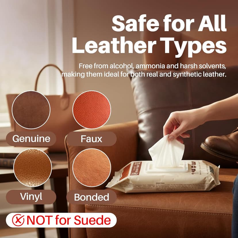 Kreair 3in1 Leather Wipes 75 XL Count, Clean, Condition & Restore Shine, Extra-Large 8"x10" Wipes for Car Seats, Shoes, Furniture & Bags, Thick, Durable & Non-Linting, Safe for All Leather Types