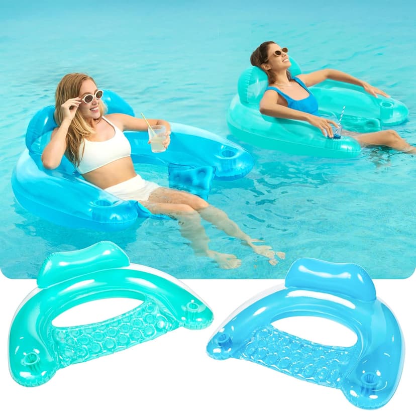 SLOOSH Inflatable Pool Floats Adult,2 Pack Pool Chairs with Cup Holders,Blow up Floats Chair,Hammock Noodle Mat for Relaxing Summer Water Fun Swimming Party Beach