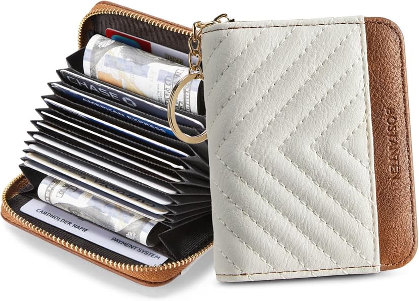 BOSTANTEN Credit Card Holder Wallet RFID Blocking Leather Small Wallet for Women Zipper Keychain Wallet with Wristlet Beige＆Brown