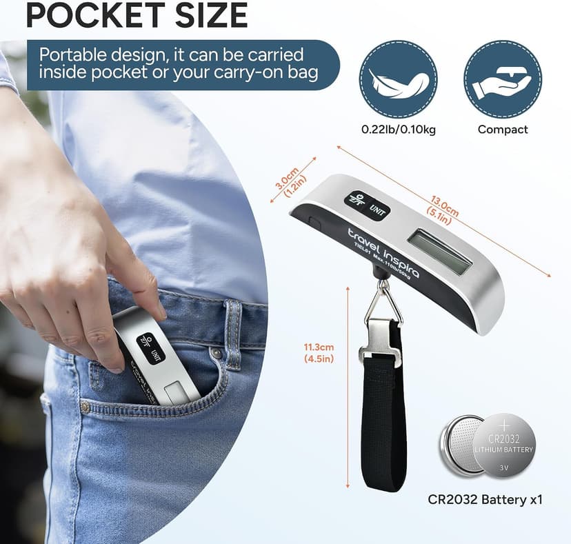 travel inspira Digital Luggage Scale – Portable Hanging Suitcase Weight Scale for Travel, 110 lb Capacity, Backlit LCD Display, Prevents Airport Overweight Fees, Battery Included B07QFTGGYF
