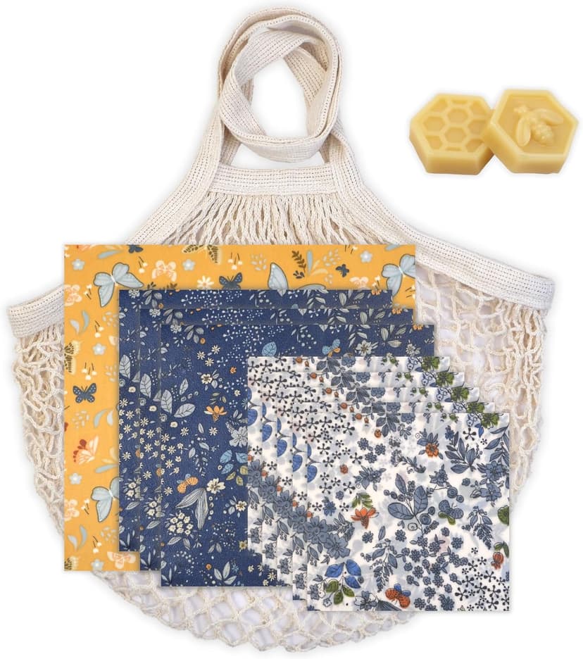 Reusable Beeswax Wrap - 9 Pack Beeswax Wraps for Food, Eco-Friendly Beeswax Food Wraps, with Mesh Grocery Bag & 2 Beeswax Bars, Reusable Food Storage Wrap Set, Sustainable Gifts