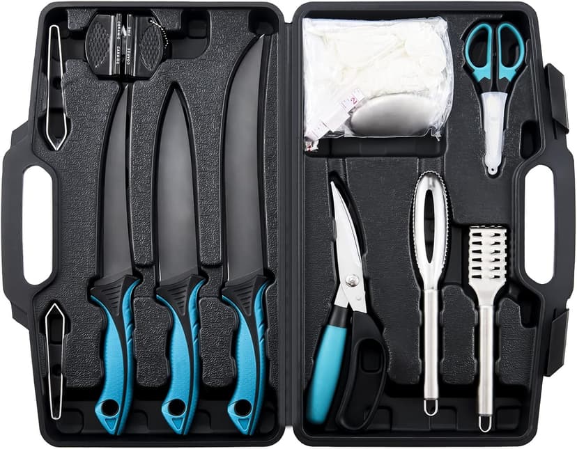 KNINE OUTDOORS Fish Fillet Knife Set Curved Flex 7 inch 9 inch Filet Knife for Filleting and Boning, Non-Slip Handles, Includes Fishing Braid Line Scissors, Fish Dressing Scissors, Filleting Pad