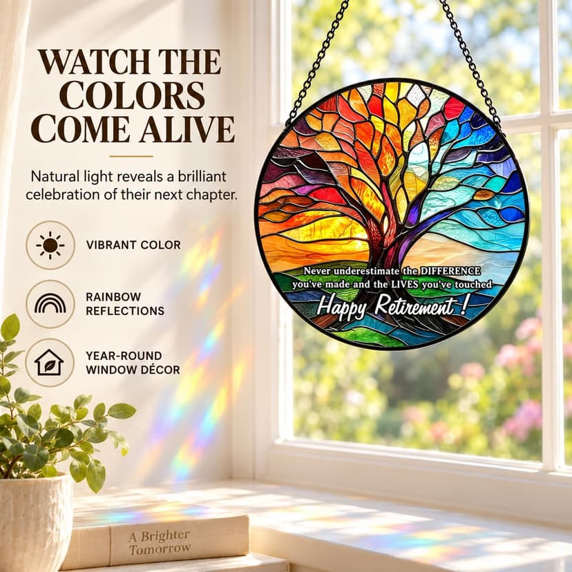 Retirement Gifts for Women Men- 8 Inch Stained Glass Suncatcher - Retirement Gift for Woman - Window Hanging Decor - Retired Gifts for Teacher, Nurse, Coworker, Boss, Employee B0H28SS623