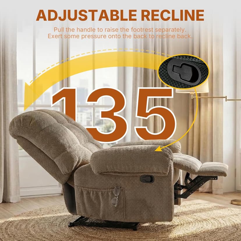 Comfy Recliner Chair for Elderly Seniors Adults, Overstuffed Manual Recliner, Ergonomic Back Pain Relief w/Pockets, Reading Apt Bedroom Living Room, Birthday Gift, Camel