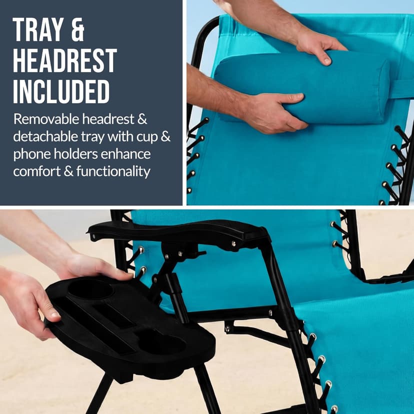 Best Choice Products Set of 2 Extra Wide Adjustable Steel Mesh Zero Gravity Lounge Chair Recliners w/Pillows and Cup Holder Trays - Peacock Blue