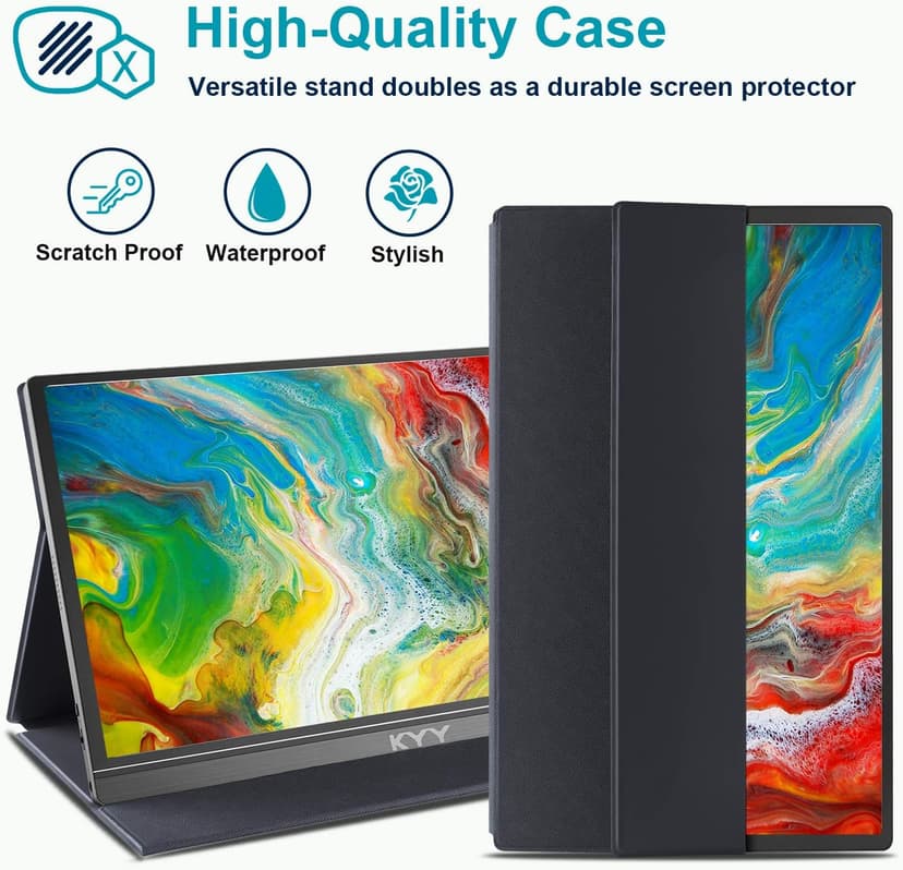 KYY Portable Monitor 15.6inch 1080P FHD USB-C, HDMI Computer Display HDR IPS Gaming Monitor w/Premium Smart Cover & Screen Protector, Speakers, for Laptop PC MAC Phone PS4 Xbox Switch