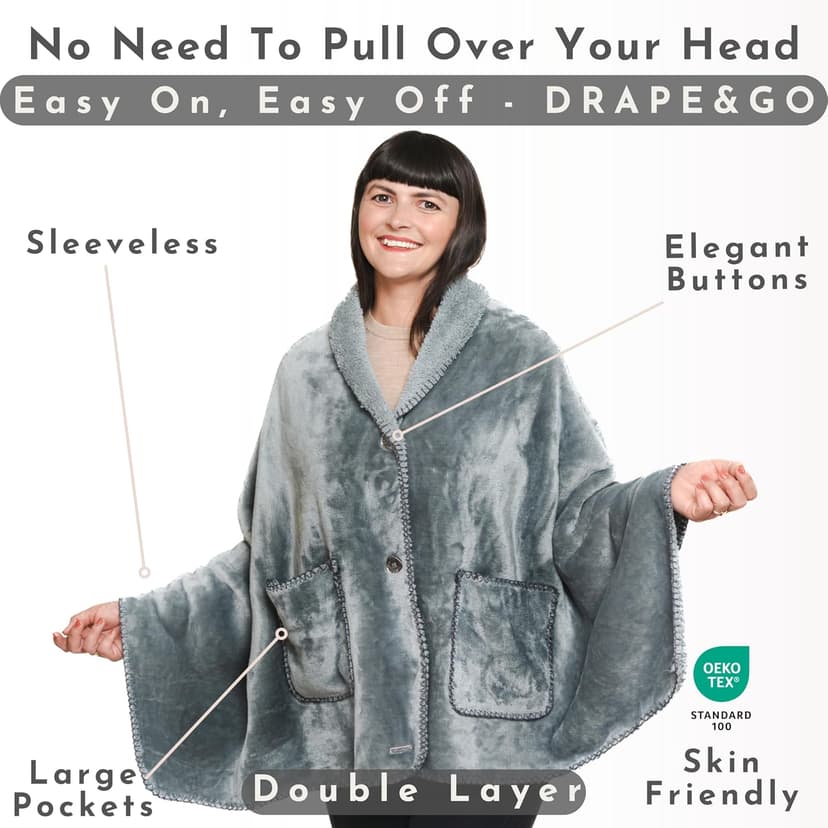 Premium Double Layer Poncho Blanket -No Sleeves Easy On Easy Off- Drape and Go Shawl Gift for Women Who Have Everything - Gifts for Grandma and Mom (Silver Grey)