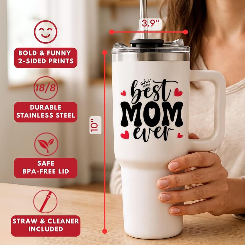 Vivulla68 Best Mom Ever Tumbler With Handle 40oz, Mommy Coffee Mug, Mama Tumblers, Momma Gift Ideas, Funny Birthday Present For Her, Cute Mother Day Gift Tumbler, Mom Cup