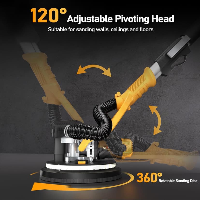 GEVEELIFE Drywall Sander, 880W Popcorn Ceiling Removal Tool, Drywall Sander with Vacuum Dust Collector, 5 Variable Speed 1000-2100RPM, LED Light, Foldable & Extendable Handle, 12 Sanding Discs