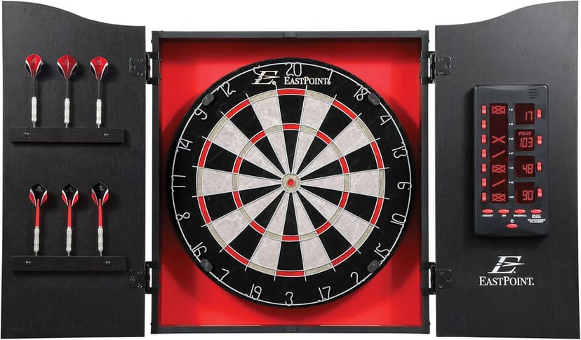 EastPoint Sports Tournament Bristle Dartboard and Easy Hang Cabinet with Electronic Scoreboard and 6 Steel Tip Darts