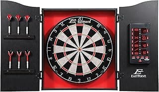 EastPoint Sports Tournament Bristle Dartboard and Easy Hang Cabinet with Electronic Scoreboard and 6 Steel Tip Darts