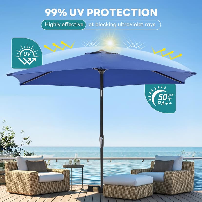 OLIXIS 7.5ft Patio Umbrella with Tilt and Crank Button & 8 Sturdy Ribs Waterproof, Patio Table Umbrella Perfect for Poolside, Terrace, Beach and Outdoor Restaurant, Blue