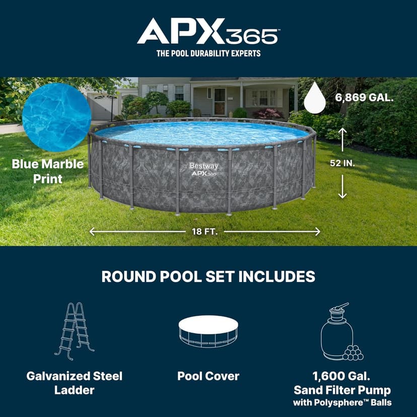 Bestway APX 365 18' x 52" Above Ground Pool, Round Metal Frame Outdoor Swimming Pool Set with Sand Filter Pump, Ladder, and Cover, Dark Marble