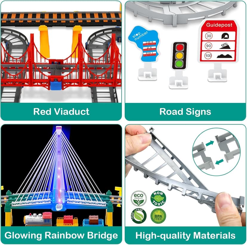 Electric Train Set for Kids Ages 4-8 with Train Tracks Set & Car Tracks Lights Up Bridge Road Sign Realistic Sound Train Track Accessories Playset Boy Toys Birthday 4 5 6 7 8+ Year Old