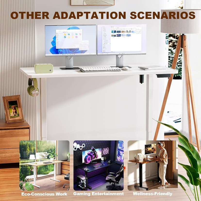 Veken 55 Inch Large Electric Standing Desk,Sit to Stand Up, Heights Adjustable, Work Home Office Computer Table for Study, Walking Pad, Writing, and Games, Wooden Desktop Desks, White