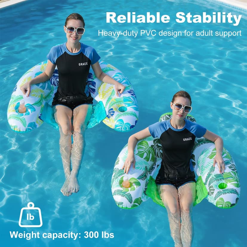 2 Pack Inflatable Pool Float Chair, Floating Pool Chair Adults Pool Lounger Float with Cup Holder & Handles Water Floats for Adults Lake Chair Floats for Swimming Pool River Beach Party