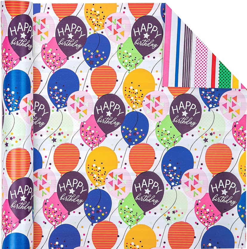WRAPAHOLIC Reversible Birthday Wrapping Paper - Mini Roll - 17 Inch X 33 Feet - Colorful Balloon with Confetti Design for Birthday, Holiday, Party, Baby Shower B0BJ6V38SZ
