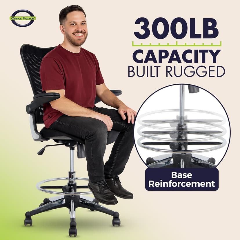 OfficeFactor 300 Lbs Tall Drafting Chair with Adjustable Foot Ring & Flip-Up Arms – Ergonomic Standing Desk Chair, Breathable Mesh Office Chair for Tall Desks, Counter Height & Reception(Black)