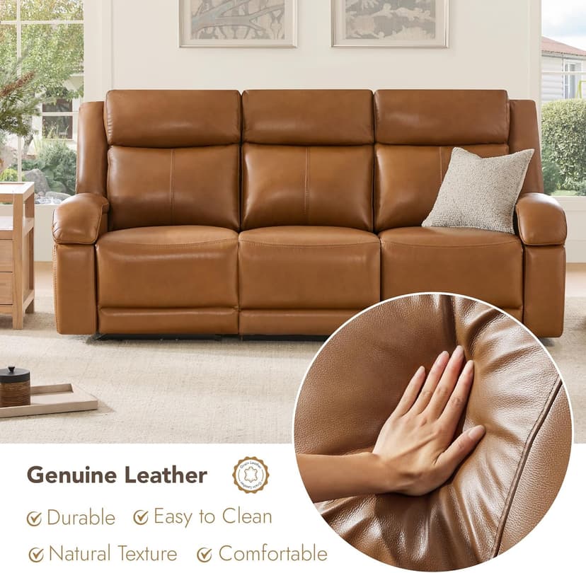 Watson & Whitely Genuine Leather Power Recliner Sofa, 3 Seater Wall Hugger Reclining Sofas with Power Headrest, USB & TypeC Ports, Electric Recliner Couch Set for Living Room, Saddle Brown