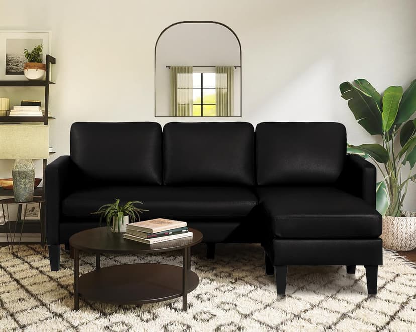 USSerenaY Faux Leather Sectional Couch, L Shaped Sofa with 3 Seater Couch and Reversible Chaise Convertible PU Leather Comfy Couches for Living Room (Black)