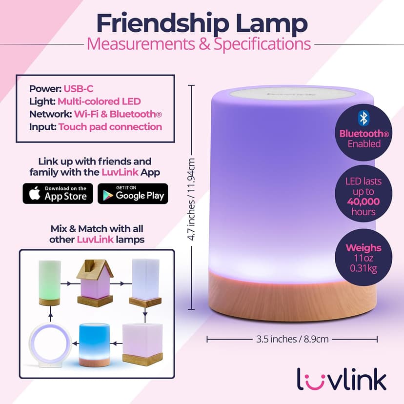 Friendship Lamps by LuvLink – No Subscription WiFi Touch Lamp for Long Distance Relationships, Couples, Friends & Family - Gift Ready (Set of Two)