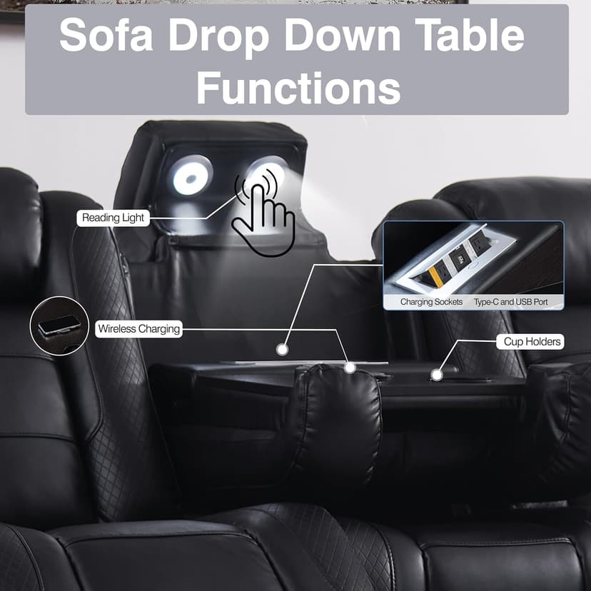 THSUPER Black Leather Power Recliner Sofa Loveseat Sets with Arm Storage and Power Headrest, Leather Living Room Reclining Sofa and Loveseat Set with Cup Holders and Bluetooth Speaker. | Breathable material, LED ambient light, Reading light, Hidden outlet, USB and Type-C port