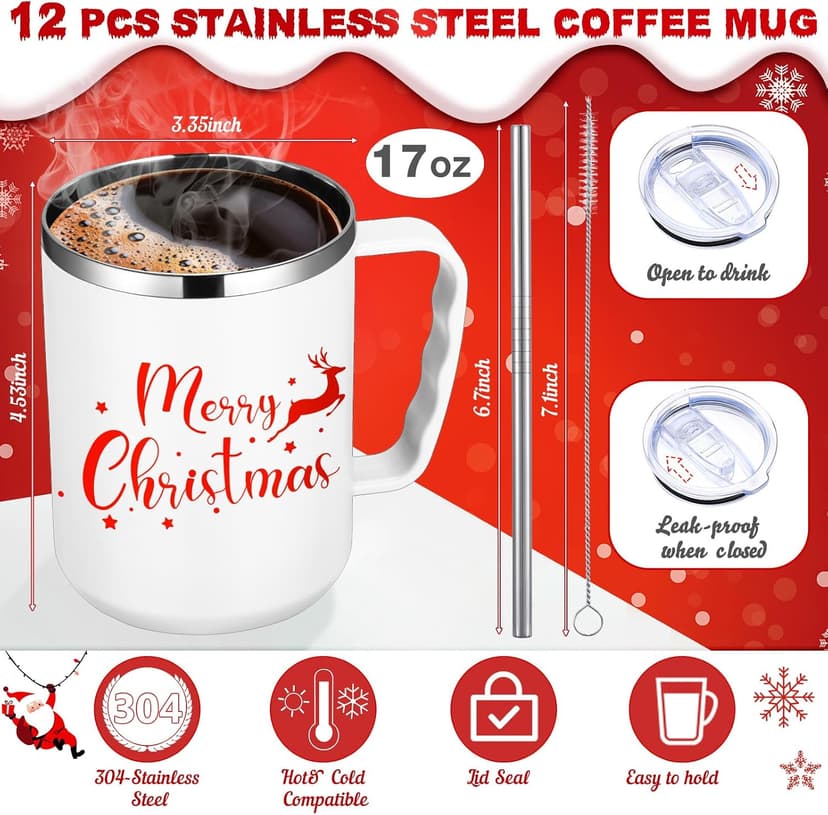 Stainless Steel Insulated Tumbler Bulk, Xmas Cup Straw Lid, for Teacher Coworker Team, Holiday Prints, Office Party Favors Umigy 12 Pcs Christmas Coffee Mug Bulk 17oz Employee Appreciation Gift Cute B0D59Y943Q