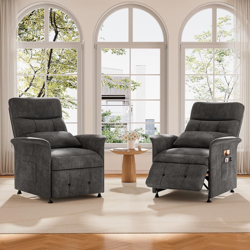 Power Recliner Chair for Adults with Heat & Massage - Soft Fabric Electric Reclining Sofa with Remote Control, 180° Lay Sleeper 3 Side Pockets for Living Room Home Theater, Dark Grey