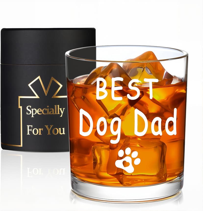 Best Dog Dad Whisky Glasses, Birthday Fathers Day Christmas Gifts for Dog Dad from Daughter Son Kids 10 OZ Old Fashioned Glass with Gift Box