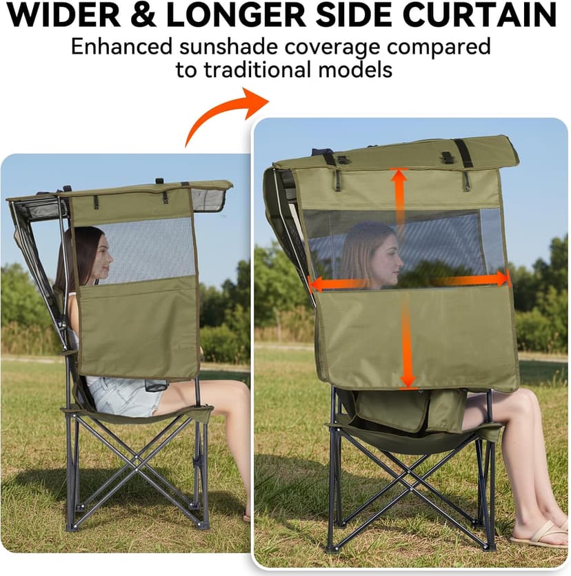 Huskfirm Camping Chair with Canopy Shade - Folding Beach Chair with UPF 50+ Sun Shade, Cup Holder, Side Pocket, Portable Sports Chair for Adults Support 330 LBS, Fishing Camp Outdoor Lawn Chair Green