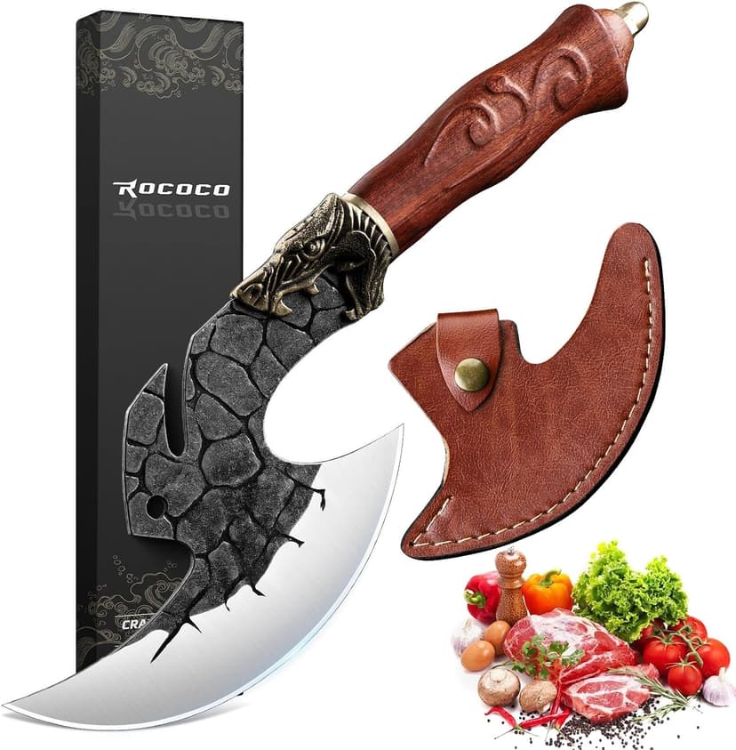 ROCOCO Viking Cleaver Knife Butcher Meat Cutting Boning Knife Hand Forged Chinese Kitchen Axe with Sheath Home Outdoor BBQ Camping Chirstmas Birthday Chirstmas Mother Father Gift Men