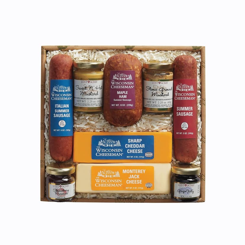 The Wisconsin Cheeseman Hostess Delight Gift Basket with Summer Sausage Meats and Cheeses – Charcuterie Boards for Holiday or Thank You Gifts for Adults, Women, and Men