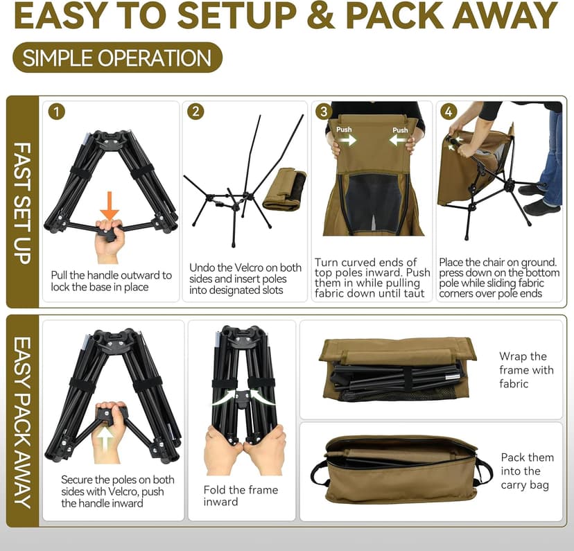 MARCHWAY Lightweight Folding High Back Camping Chair with Head Support, Stable Portable Compact for Outdoor Camp, Travel, Beach, Picnic, Festival, Hiking, Backpacking (Highback Khaki)