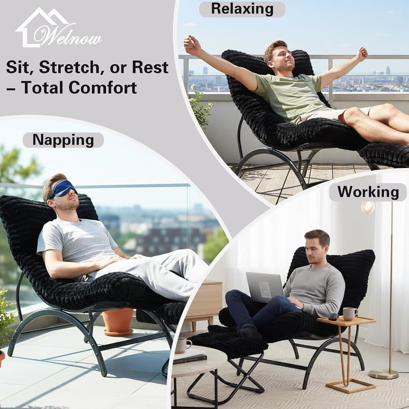 Welnow Black Lazy Chair with Ottoman, Oversized Reading Chair for Adults, Soft Padded Lounge Accent Chair for Living Room, Bedroom, Comfortable Reclining Leisure Chair with Side Pocket