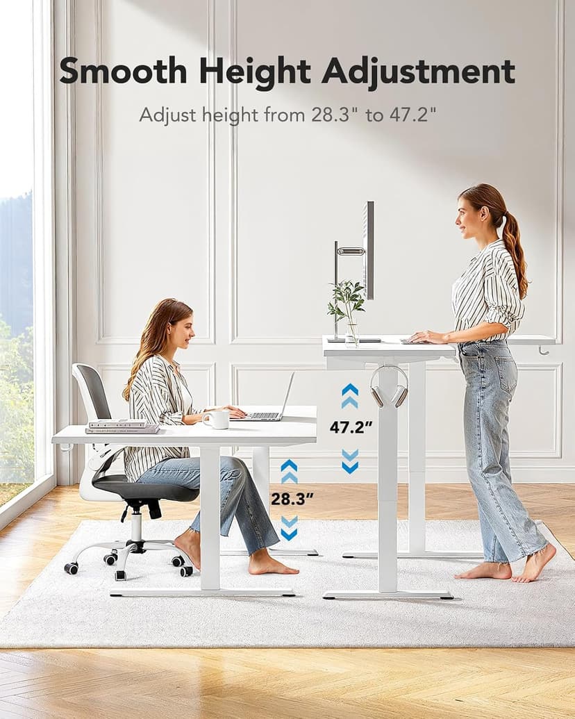 HUANUO L-Shaped Standing Desk, 63 x 40 inch Dual Motor Corner Standing Desk, Electric Height Adjustable Computer Desk with Cable Tray & 3 Preset Heights, Raising Desk for Home Office, White, HNESD109