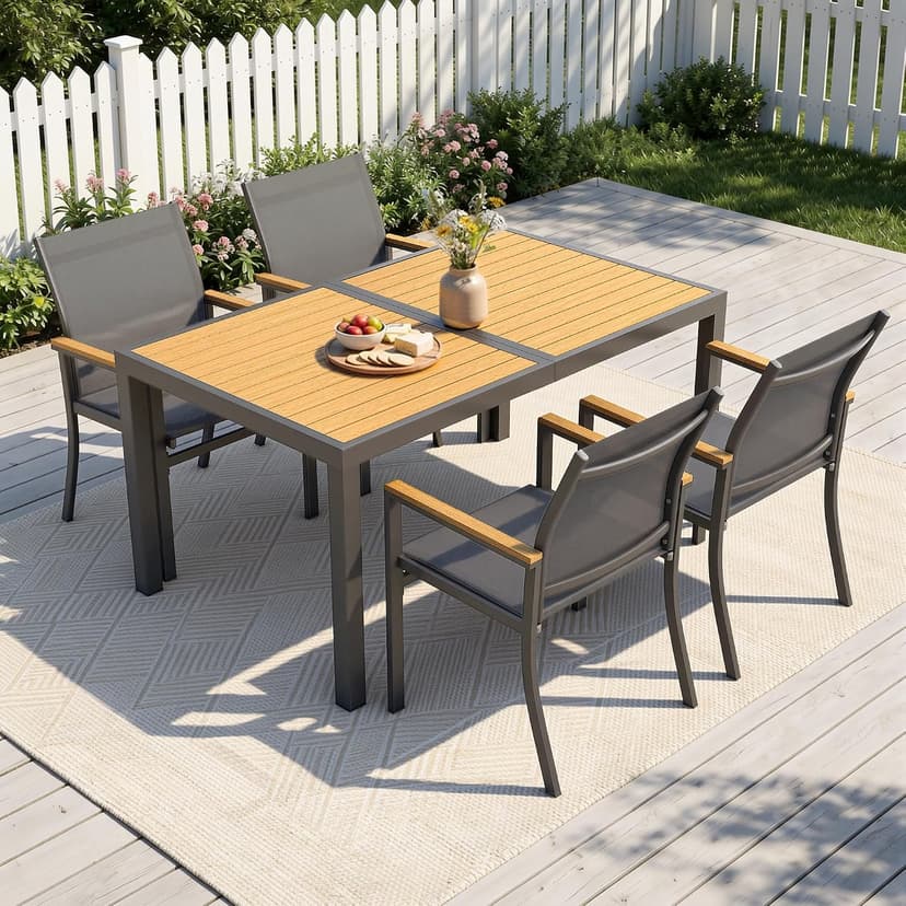 5-Pieces Aluminum Patio Table and Chairs for All-Weather, Patio Table Set with Heavy Duty HDPS Rectangular Table, Outdoor Patio Dining Furniture Set with Breathable Quick-Drying Textilene Chairs
