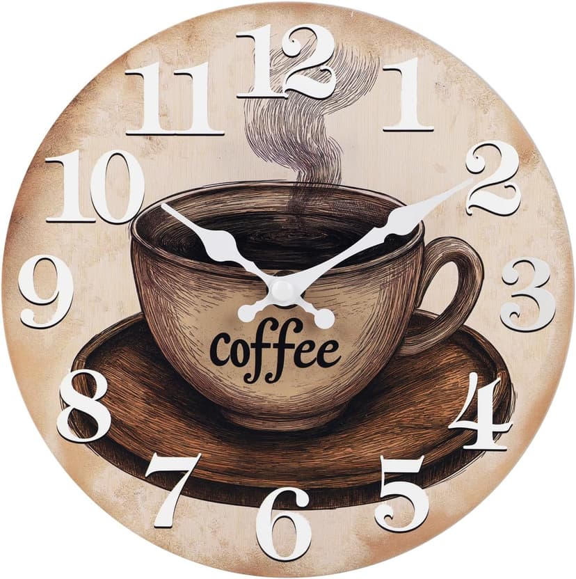 Keepcross Kitchen Wall Clock Coffee Cup Theme Rustic Modern Farmhouse Decor Glass Clock for Kitchen, Coffee Bar, Cafe - 8 Inch, Brown