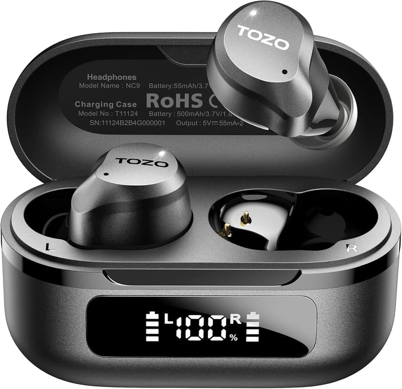 TOZO NC9 Hybrid Active Noise Cancelling Wireless Earbuds, 6 Mics ENC Clear Call, IPX8 Waterproof, in Ear Bluetooth 5.3 Headphones Stereo Bass Ear Buds 59H Playtime with LED Display 32 EQs via APP