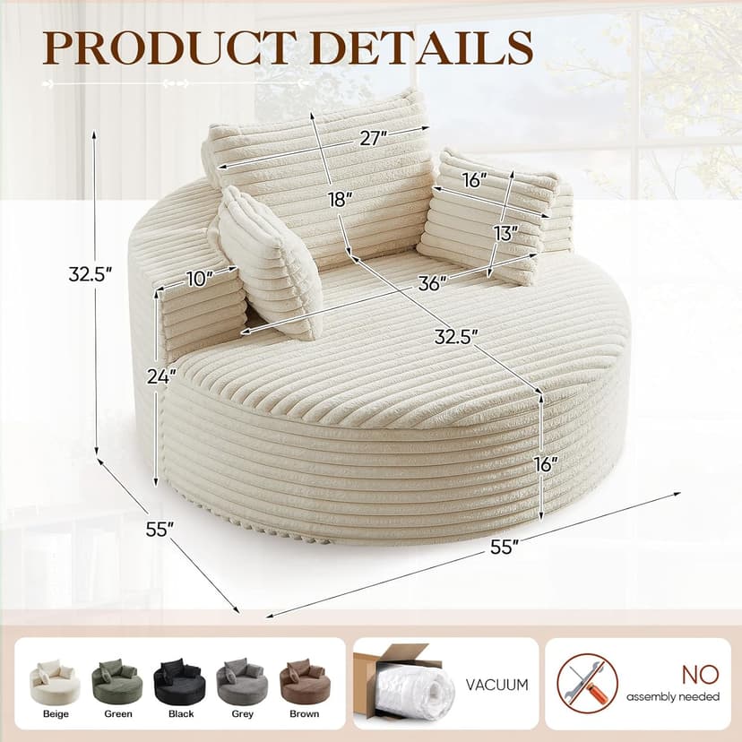 Oversized Round Chaise Longue Chair Indoor, Modern 55-inch Upholstered Corduroy Deep Seat Circle Single Cloud Lounge Floor Sofa Chair for Living Room, Bedroom Apartment, Beige