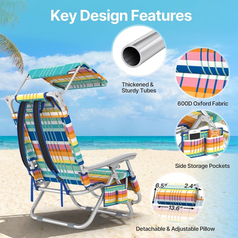 Suteck Zero Gravity Beach Chair with Canopy, Backpack Beach Chairs for Adults, Lightweight Adjustable Reclining Beach Chair with Shade, Folding Lay Flat Chair for Beach Poolside Outdoor