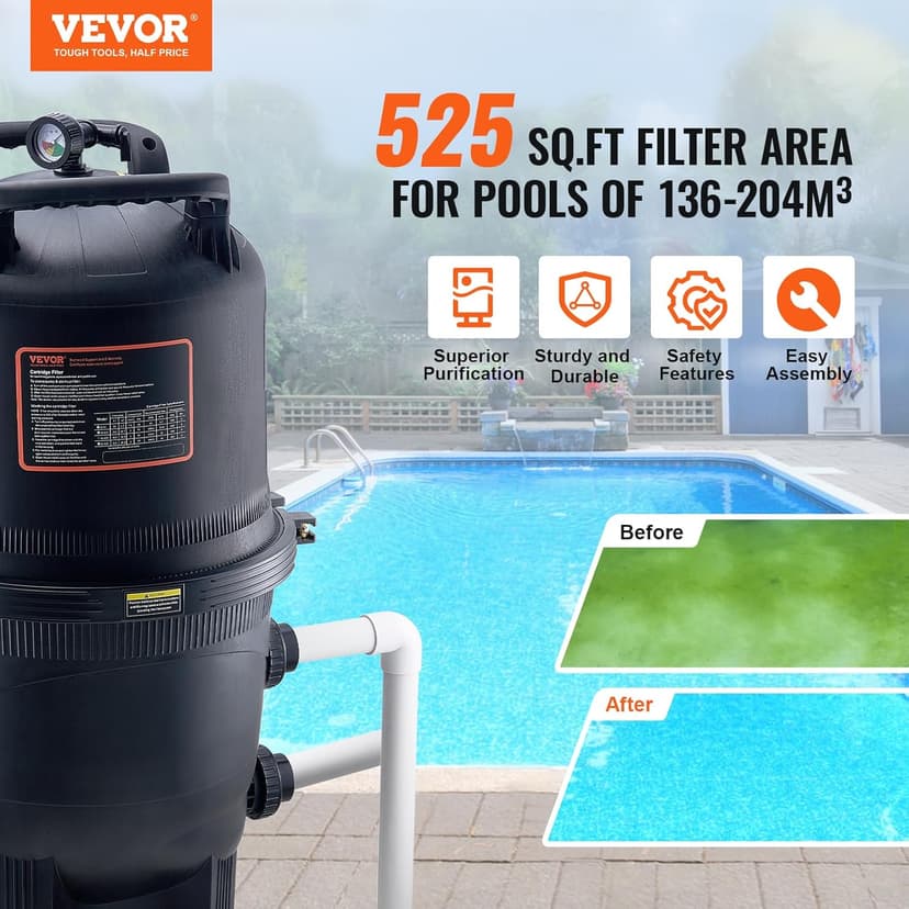 VEVOR 2025 Pro Cartridge Pool Filter Tank & Element for Above Ground & Inground Pools, Large 520-525Sq. Ft Cleaner System Compatible W/Pumps 1 to 3 HP| Up to 15311 GPH |for Pools Up to 122490 Gallons