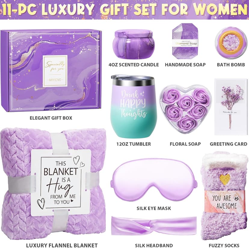 Valentines Day Birthday Gifts for Women Self Care Get Well Soon Gift Baskets, Lavender Relaxing Spa Gift Basket Care Package Flannel Blanket, Unique Gifts for Her Mom Wife Girlfriend Friends Sister