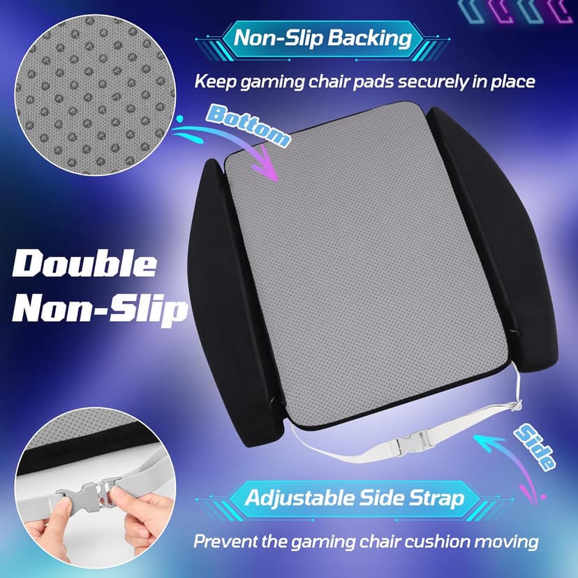 Gaming Chair Seat Cushion Pillow for Men Game Gaming Computer Chair Cushion Pad Extra Large Wide Memory Foam with Strap Long Sitting Gamer Black
