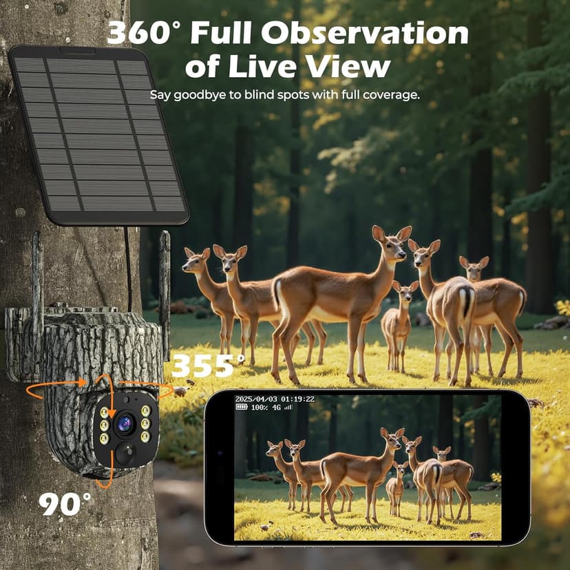 4G LTE Cellular Trail Camera, 360° Live Streaming Solar Game Camera 2.5K SIM Card Included, Auto Tracking Security Cameras Wireless Outdoor with Night Vision, Motion Activated for Outdoor, 2 Pack