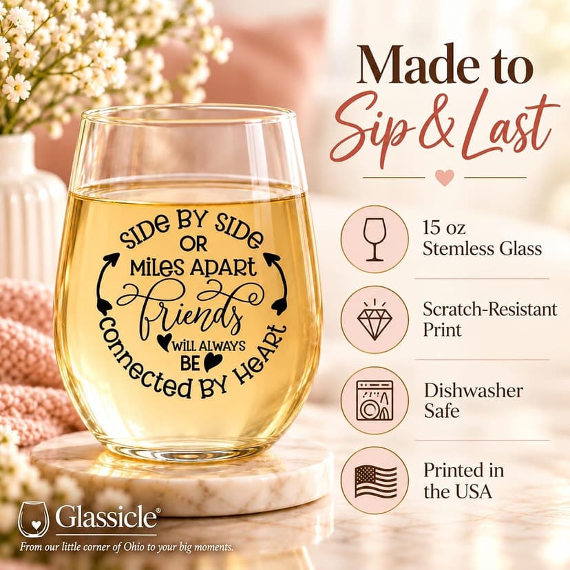 Side By Side Or Miles Apart Best Friend Wine Glass - 15 Oz, Scratch-Resistant Wine Glass - Birthday Gifts for Her, Stocking Stuffer, or Long Distance Friendship Gifts for Women - Printed in the USA