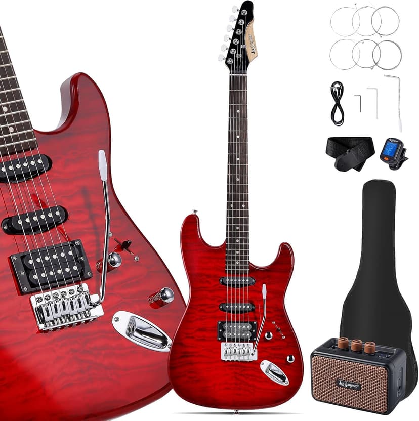 Leo Jaymz 39" Full Size ST Style Electric Guitar Starter Kit with SSH Pickup, 5W Portable Amp, Tuner, Gig Bag, Strap & Accessories (Red Ocean 5W)