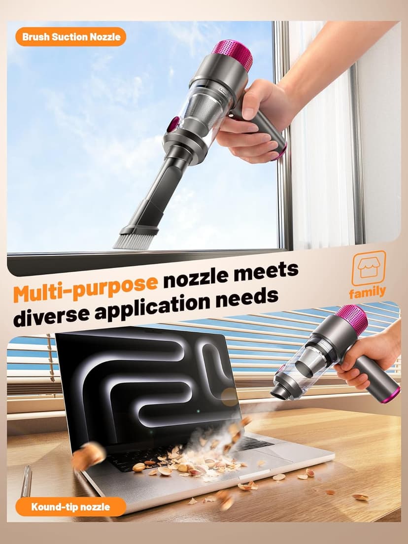 DRFLASH 6-in-1 Handheld Cordless Car Vacuum Cleaner, 16000PA Portable Mini Vacuum Cleaners with LED Light & Fast Type-C Charging, Multi-Nozzles for Home, Outdoor,Pets, Office Use